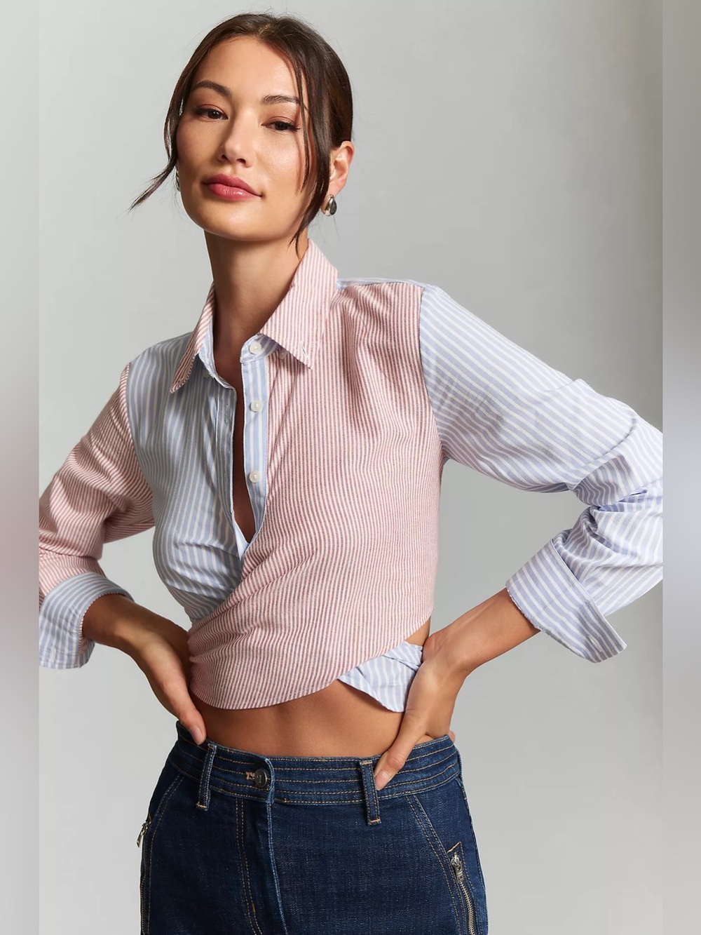Maeve Two-Tone Striped Wrap Button-Down Shirt - Red & Light Blue Size S